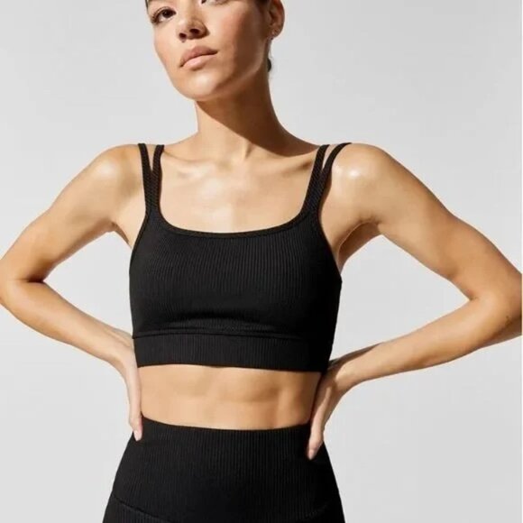 Carbon38 Sports Bra Ribbed Double Strap Black Cropped Tank Top Size Small - Picture 1 of 11